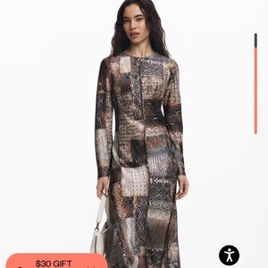 Desigual Long Sleeve Patchwork Animal Print Dress in Brown & Black